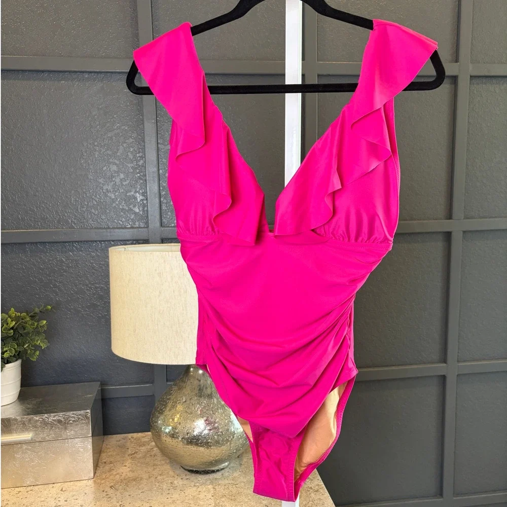 J Crew Womens 10 Pink Fuchsia One Piece V-Neck Ruffle Swimsuit Bathing Suit NWT